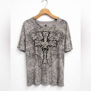 Helix Y2K Tattoo Cross Wing V-Neck Short Sleeve Men's Biker Gothic Graphic Tee